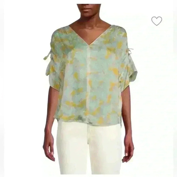 Vince Blouse Lotus Ruched Silk Top Floral Print Aqua Pink Yellow Size XS/S - Picture 2 of 10